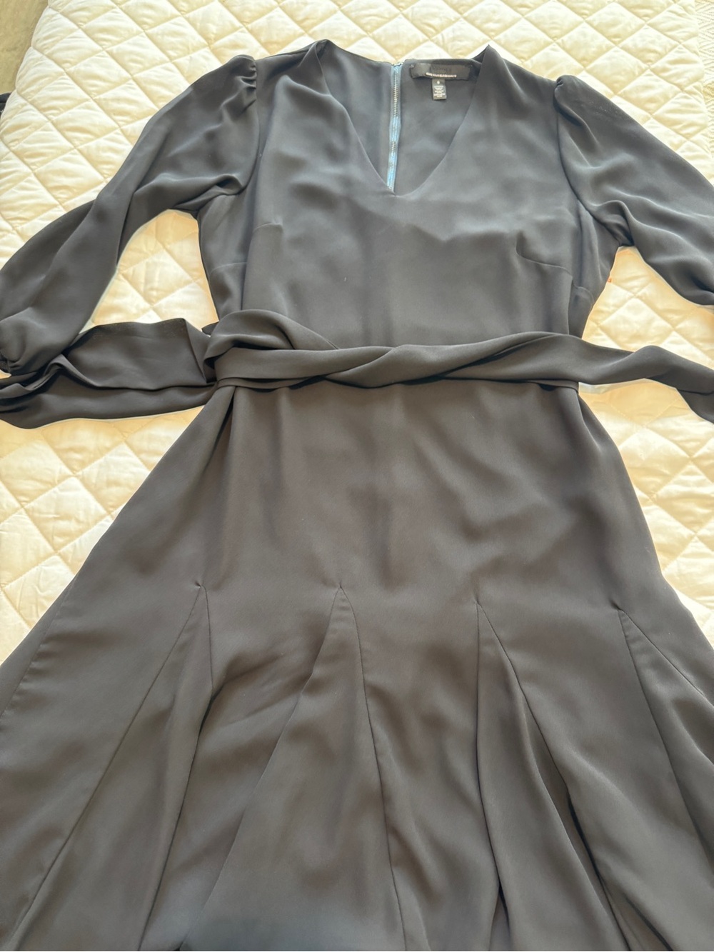 White House Black Market Black Long-Sleeve V-Neck Midi Dress with Waist Tie